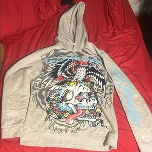 Ed Hardy Gray Hoodie with Colorful Graphic